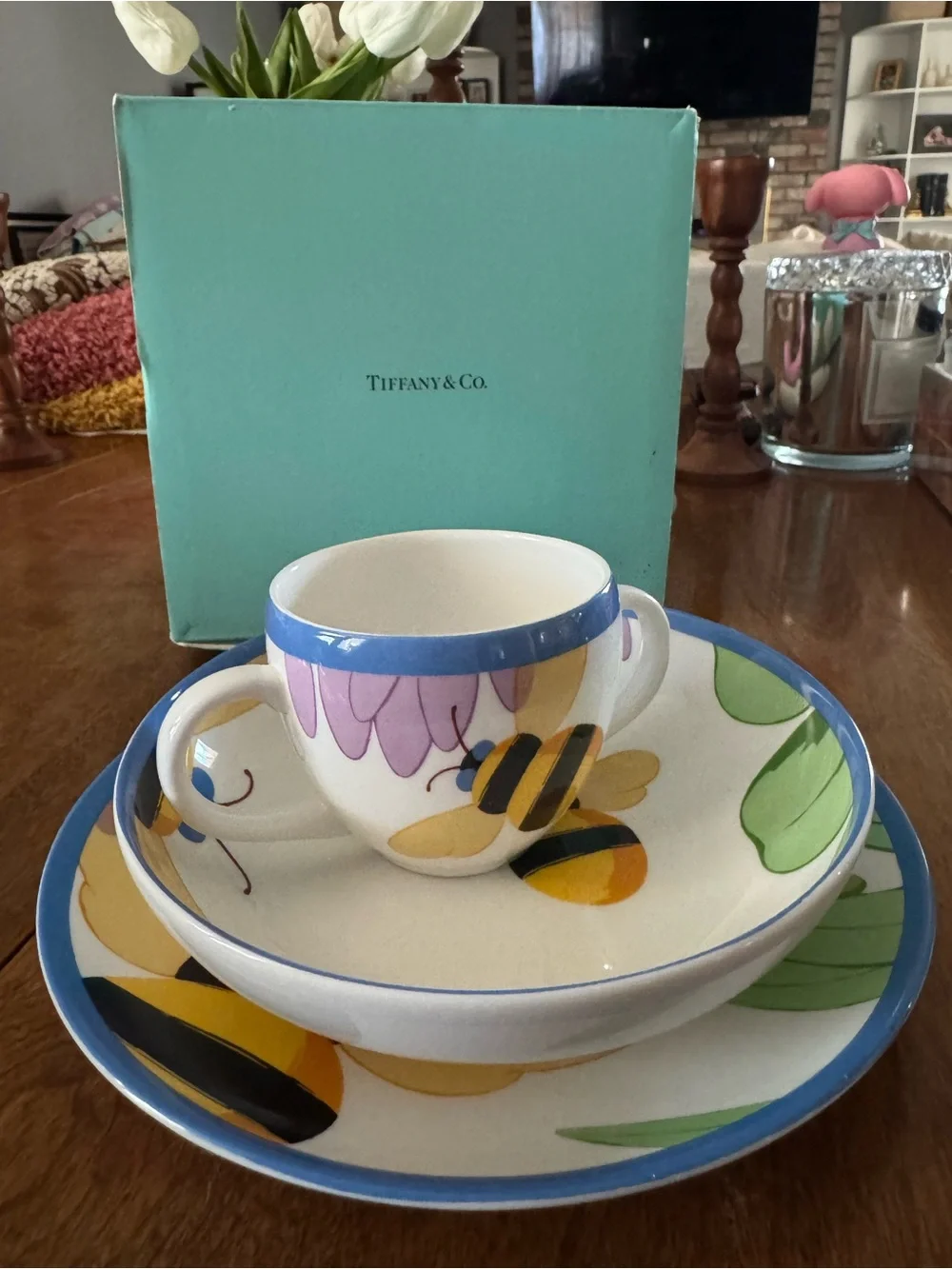 Tiffany & Co. Blue-Trim Bee and Floral Ceramic Tea Cup, Bowl & Plate Set